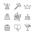 Birthday icons thin line art set. Celebration Royalty Free Stock Photo