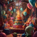 Birthday illustration. Holiday, cake, congratulations, balloons