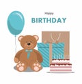 Birthday illustration with teddy bear, balloon, gift and cake