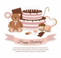 Birthday illustration with teddy bear, birthday cake and chocolate Royalty Free Stock Photo