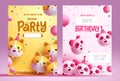 Birthday invitation card vector poster set. Birthday party text with cute cat and panda character balloons Royalty Free Stock Photo