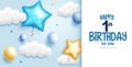 Birthday invitation card vector template. Happy 1st birthday greeting text with sky blue balloons Royalty Free Stock Photo