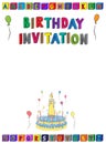 Birthday invitation lettering A4 page for kids with alphabet blocks, cake, candles and balloons