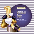 Birthday invitation with realistic packing box and golden balloons in heart shape with figure one. Vector illustration background