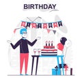 Birthday isolated cartoon concept. Man celebrating at party with cake, gifts and decor, people scene in flat design. Vector Royalty Free Stock Photo