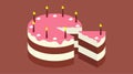 Birthday isometric cake. Isometry puff cake with candles and cream flowers. Chocolate piece and slice pink glaze icon pie from the