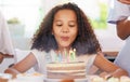 Birthday, kid and cake candles celebration of a girl from Atlanta at a party at home. Celebrate, happy and candle Royalty Free Stock Photo