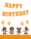 Birthday Kids Party. Greeting Card Template. Invitation Template. Cute Black Children Dance. Orange Happy Birthday Letters