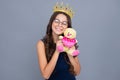 Birthday kids prom party. Girls party, funny kid in crown. Child queen wear diadem tiara. Cute little princess portrait. Royalty Free Stock Photo