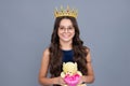 Birthday kids prom party. Girls party, funny kid in crown. Child queen wear diadem tiara. Cute little princess portrait Royalty Free Stock Photo