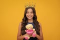 Birthday kids prom party. Girls party, funny kid in crown. Child queen wear diadem tiara. Cute little princess portrait Royalty Free Stock Photo
