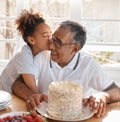 Birthday kiss, grandfather and child with cake for celebration, party and love, care and retirement or fathers day Royalty Free Stock Photo