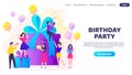 Birthday landing page. Party celebration with gift box and happy cartoon characters having fun and dancing. Vector party