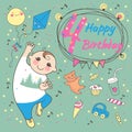 Birthday of the little boy 4 years. Greeting card