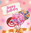 Birthday lollipop vector concept design. Happy birthday text in card note with colorful lollipops bunch in ribbon element. Royalty Free Stock Photo