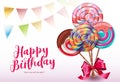 Birthday lollipops vector design. Happy birthday text with pennants and colorful lollipop bunch in lasso ribbon for kids birth. Royalty Free Stock Photo