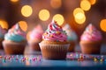 Birthday magic cupcakes and colorful balloons in a whimsical blur