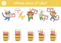 Birthday matching activity for children. Fun puzzle with cute animals in party hats and cakes with candles. Holiday celebration