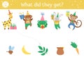 Birthday matching activity for children. Fun puzzle with cute animals in party hats and presents. Holiday celebration educational