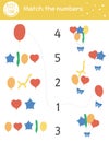 Birthday matching game with colorful balloons. Holiday math activity for preschool children. Educational celebration printable