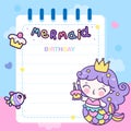 Birthday Mermaid princess cartoon holding cupcake invitation party card vector kawaii fish animal