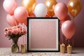 Birthday mockup with frame, pastel balloons and confetti on pink table top view Flat lay style Royalty Free Stock Photo