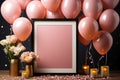 Birthday mockup with frame, pastel balloons and confetti on pink table top view Flat lay style Royalty Free Stock Photo