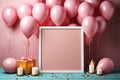 Birthday mockup with frame, pastel balloons and confetti on pink table top view Flat lay style Royalty Free Stock Photo