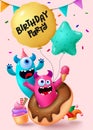 Birthday monster vector poster design. Birthday party text in balloons flying with funny and cute monsters Royalty Free Stock Photo