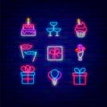 Birthday neon icon collection. Happy Birthday concept. Light effect banner. Vector stock illustration Royalty Free Stock Photo