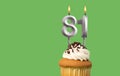 Birthday card with candle number 81 - Cupcake on green background