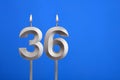 Birthday candle number 36 - Celebration card on blue background