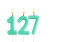 Birthday number 127 - Green birthday candle on white background Royalty Free Stock Photo
