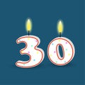 Birthday number thirty, candle with fire. 3D number 30. Vector illustration. EPS 10. Royalty Free Stock Photo