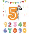 Birthday numbers and animals cartoon. vector