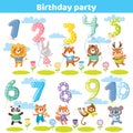 Birthday numbers with funny animals for invitation card