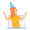 Birthday online party icon, cartoon style