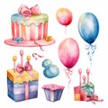 birthday ornaments with presents and balloons water color painted style Royalty Free Stock Photo