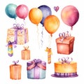 birthday ornaments with presents and balloons water color painted style Royalty Free Stock Photo