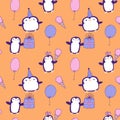 Birthday party animals seamless penguin pattern for wrapping paper and fabrics and kids print and summer print