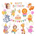 Birthday party animals. Woodland animal with cake and balloons. Cute wild animal for children festive decorations. Funny Royalty Free Stock Photo