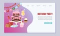 Birthday party anniversary landing page vector illustration. Cartoon kids happy birthday party cake and cupcakes