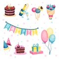 Birthday Party Attributes and Symbols with Cake and Flag Garland Vector Set