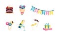 Birthday Party Attributes and Symbols with Cake and Flag Garland Vector Set