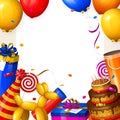 Birthday party background with balloons, cake, gift boxes, lollipop, confetti and ribbons. Place for your text. Vector. Royalty Free Stock Photo