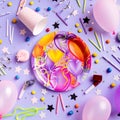 Birthday party backgroung with balloons, confetti, candles, candies and other party supplies top view flat lay Royalty Free Stock Photo