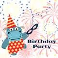 Birthday party background with cartoon hippo with mask and fireworks