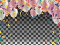 Birthday party background - colorful festive balloons, confetti, ribbons flying for celebrations card in isolated background with Royalty Free Stock Photo