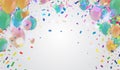 Birthday party background - colorful festive balloons, confetti, ribbons flying for celebrations card in isolated background with Royalty Free Stock Photo