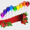 Birthday party background - colorful festive balloons, flowers of roses, ribbons flying for celebrations card in isolated Royalty Free Stock Photo